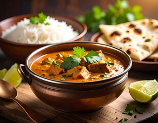 A bowl of orange curry with garnish, rice, and naan bread sits on a wooden board, beside a golden spoon and lime
