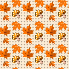 Charming Seamless Pattern with Orange Maple Leaves and Spotted Mushrooms, Perfect for Seasonal Designs and Creative Backgrounds