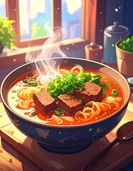 A bowl of steaming noodles, broth, and cubes on a wooden surface, with a window in the background