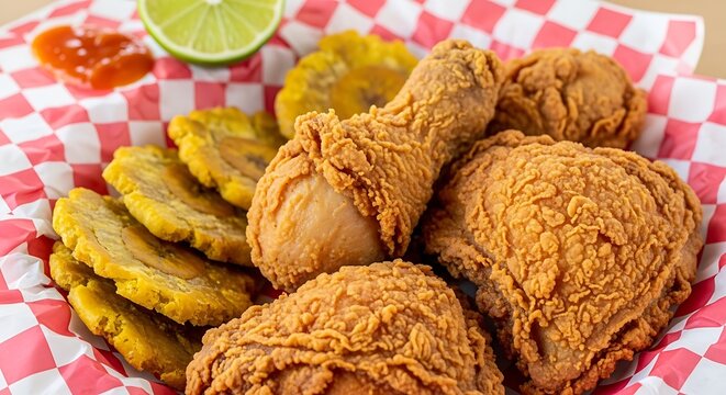 Crispy Dominican Fried Chicken (Pica Pollo) with Tostones Street Food