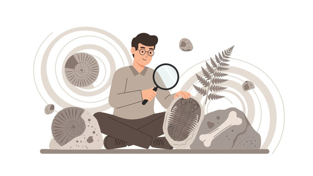 Paleontologist Examining Fossil Finds With Magnifying Glass Paleontology Concept