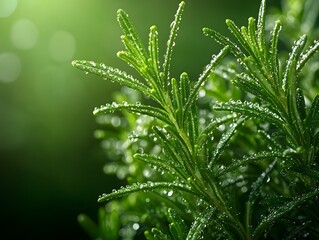 Frischer Rosmarin mit Tautropfen im warmen Morgenlicht
