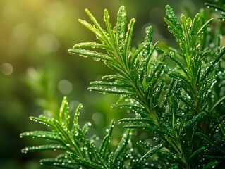 Frischer Rosmarin mit Tautropfen im warmen Morgenlicht
