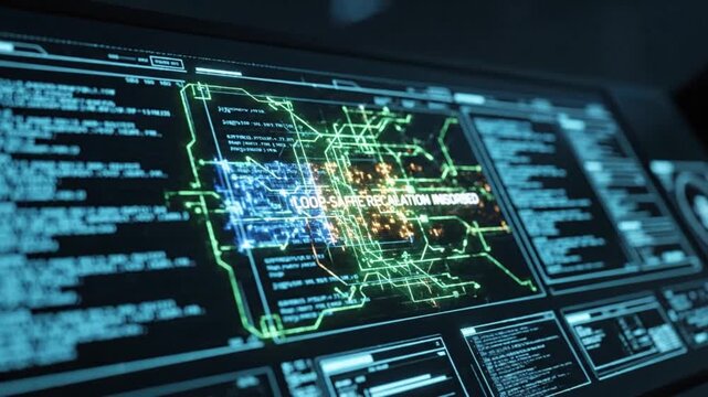 Close-up shot of a computer screen displaying a complex network map with green lines and colorful nodes on a dark background with code and charts.