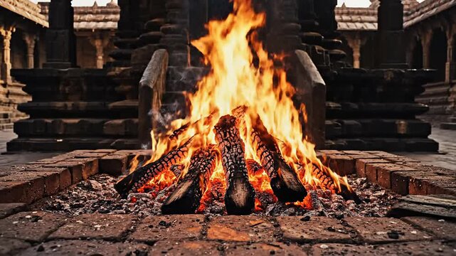 Sacred havan fire ceremony burning fiercely on a brick platform in an atmospheric hindu temple.
