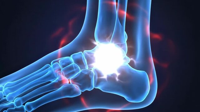 3D rendering of a glowing, inflamed human ankle joint with radiating red heat, Illustrating pain and discomfort in the foot's skeletal structure