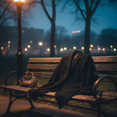 Valenstine day Abandoned suit jacket and purse on park bench at dusk