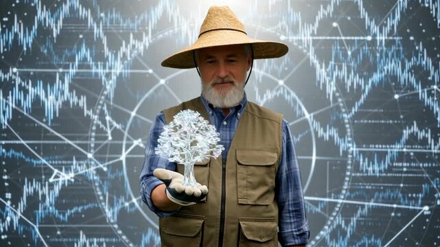 An elderly man with a straw hat and vest holding a small tree model against a graphic background with digital data patterns and lines