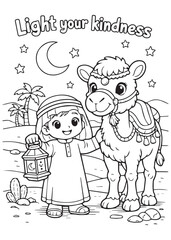 Fototapeta premium coloring book young child holding a lantern beside a cute camel at night, learning to light kindness and care