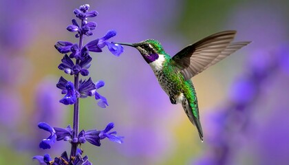 Fototapeta premium Hummingbird feeding on purple salvia flowers in vibrant garden.