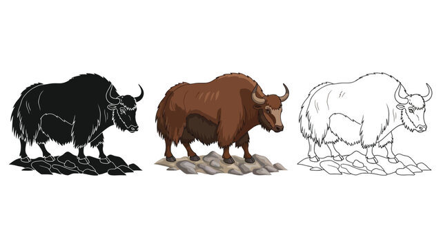 Set of three yak illustrations in black silhouette, colored, and outline styles with rocky elements