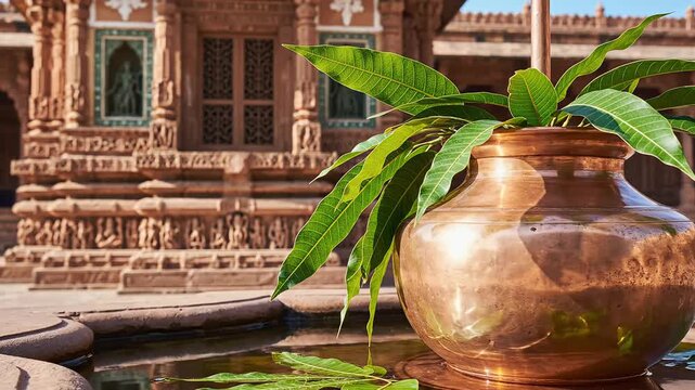 A traditional copper kalash with fresh mango leaves sits reflecting on calm water outside an ornate indian temple.