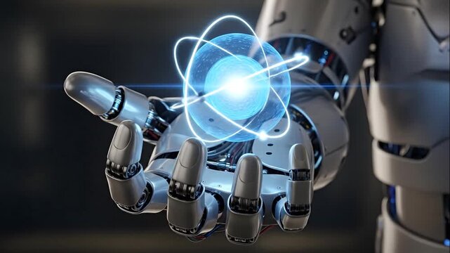 Robot hand holding glowing atomic nucleus with orbiting electrons