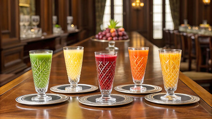 A luxurious bar with five glasses of colorful juice on a wooden countertop in a restaurant