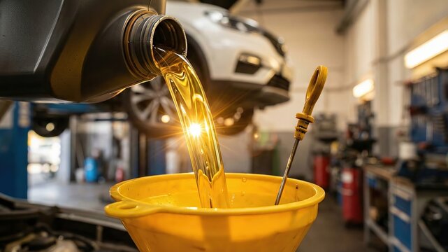 Oil Change Process with Engine Oil Pouring into a Funnel