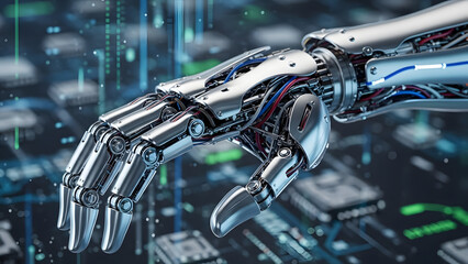 Robotic Hand Futuristic Technology Circuit Board Data Flow Blue Glow