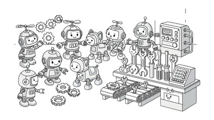 Fototapeta premium Robots: The image shows a group of robots with equipment.