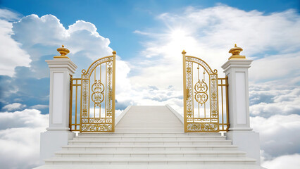A serene white staircase with golden gates leads to the sky amidst fluffy clouds