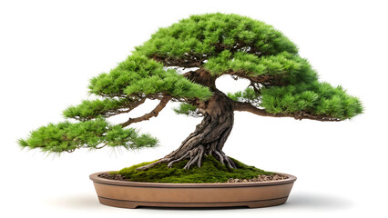 A serene bonsai tree in a brown pot on a white background with green leaves and moss