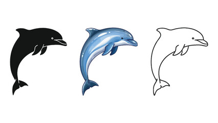 Obraz premium Set of three dolphin illustrations in solid black silhouette, realistic blue color, and outline styles