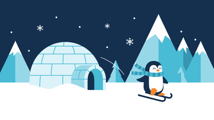 Obraz premium Playful Penguin Enjoying Winter Skiing Adventure Near An Igloo Home
