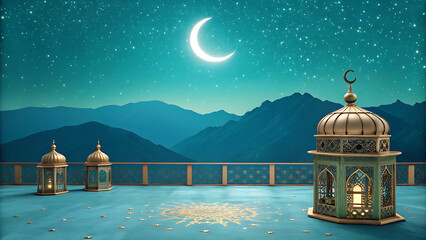A serene nighttime scene with a crescent moon shining over a peaceful mountain landscape and decorative lanterns