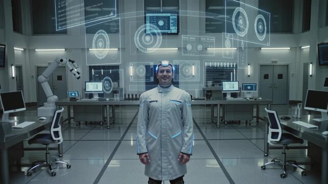 Man in futuristic lab coat interacts with virtual data while standing in a high-tech research laboratory