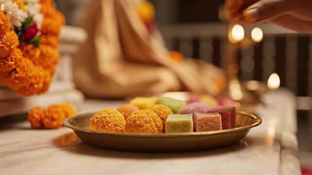 Traditional indian ladoo and colorful barfi sweets offered as prasad during the maharishi dayanand saraswati jayanti ritual.