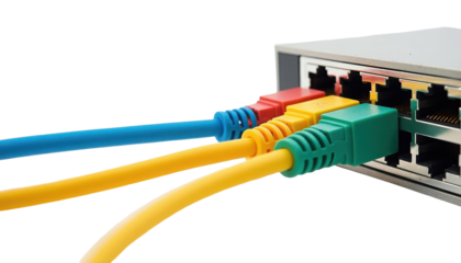 Colorful Ethernet Cables Connected to a Network Switch for Fast Internet Connectivity on transparent background
