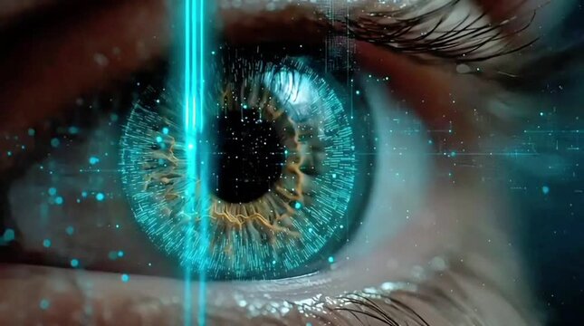 Futuristic Biometric Security: Extreme Close-up of Human Eye Iris Scan with Blue Laser Technology