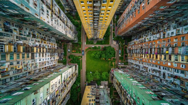 Real estate business market, house home building purchase sale. An aerial view of a multistory residential area in Hong Kong, captured from a high vantage point. The buildings feature windows.