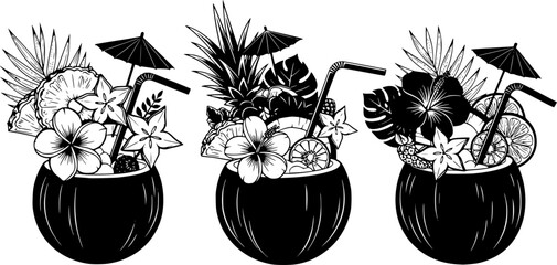 Tropical coconut drinks with floral and fruit garnishes a black silhouette
