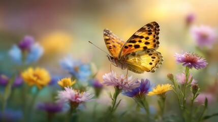 Obraz premium Vibrant Butterfly Resting on Colorful Wildflowers in a Dreamy Garden Setting with Sunlight and Soft Focus Background