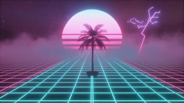 Tracking shot of silhouetted palm trees against a giant vaporwave sun, glowing gradient sky
