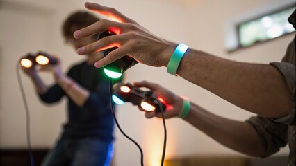 Two people engaging in a gaming activity with motion controllers in a bright room.