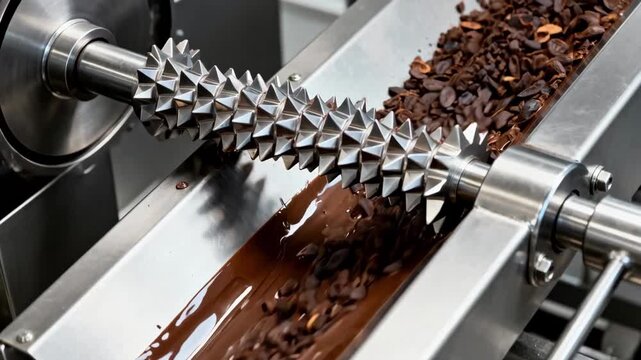 Industrial steel burr grinder processing cacao nibs into rich cocoa liquor highlighting highefficiency mechanical precision in modern chocolate manufacturing.