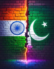 A brick wall split, painted with flag colors. Lightning crack divides. Orange/white/blue meets green/white