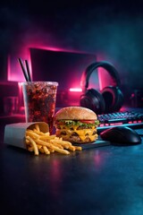 Gaming Setup with Burger, Fries and Cola &ndash; Late Night Gamer Food