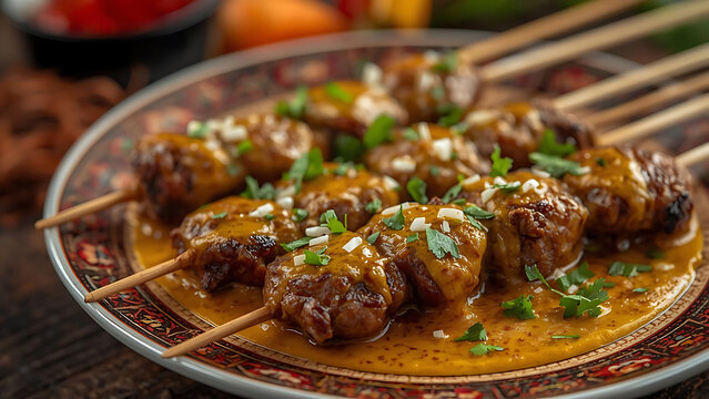 Delicious Satay Skewers with Peanut Sauce and Garnish