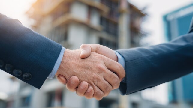 Real estate business market, house home building purchase sale. Two men in suits shaking hands in front of a building under construction. The background is slightly blurred.
