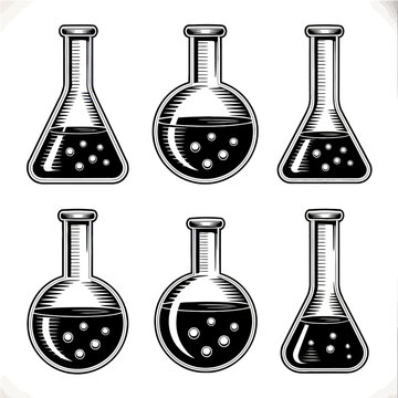 A collection of six intricately detailed laboratory flasks featuring diverse shapes.