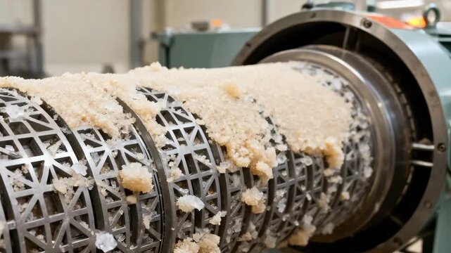 Medium shot capturing the sugar basket centrifuge at a standstill during routine inspection emphasizing the intricate design and crystal deposits on the drum surface.
