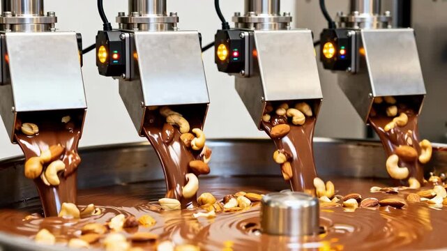 Medium shot of smart dispensers precisely dosing nuts into a smooth flowing chocolate stream using advanced sensors for consistent inclusion distribution.