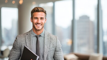 Fototapeta premium Real estate business market, house home building purchase sale. A man in a gray suit, white shirt, and black tie, smiling confidently while holding a black folder.