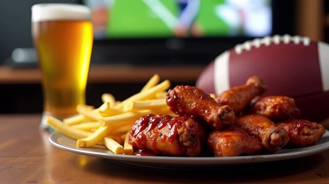 Plate of chicken wings and fries with a glass of beer on a table, football and TV screen blurred in the background