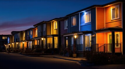 Obraz premium Real estate business market, house home building purchase sale. A row of multistory houses illuminated by lights at dusk. The houses feature windows, doors, and railings.