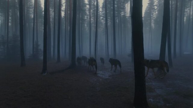 Wolf Pack Walking Through Foggy Forest