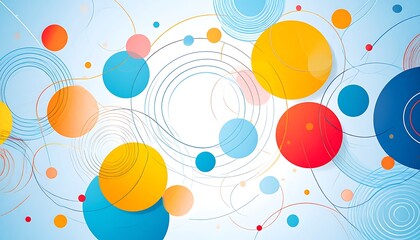 A vibrant abstract composition features overlapping circles and flowing lines in various colors against a light-blue background