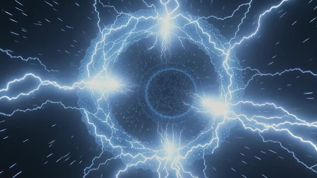 Blue energy ball with lightning strikes transforming into electric rings. Abstract electric current for power and technology concept.