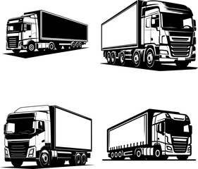 set of 4 flat black and white lorry truck silhouette vector icon, solid shape isolated on white background